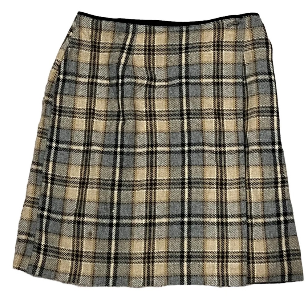 Vtg Casual Corner Annex~Blue/Tan Plaid Wrap Skirt  Size 8 Wool blend  28”x19”